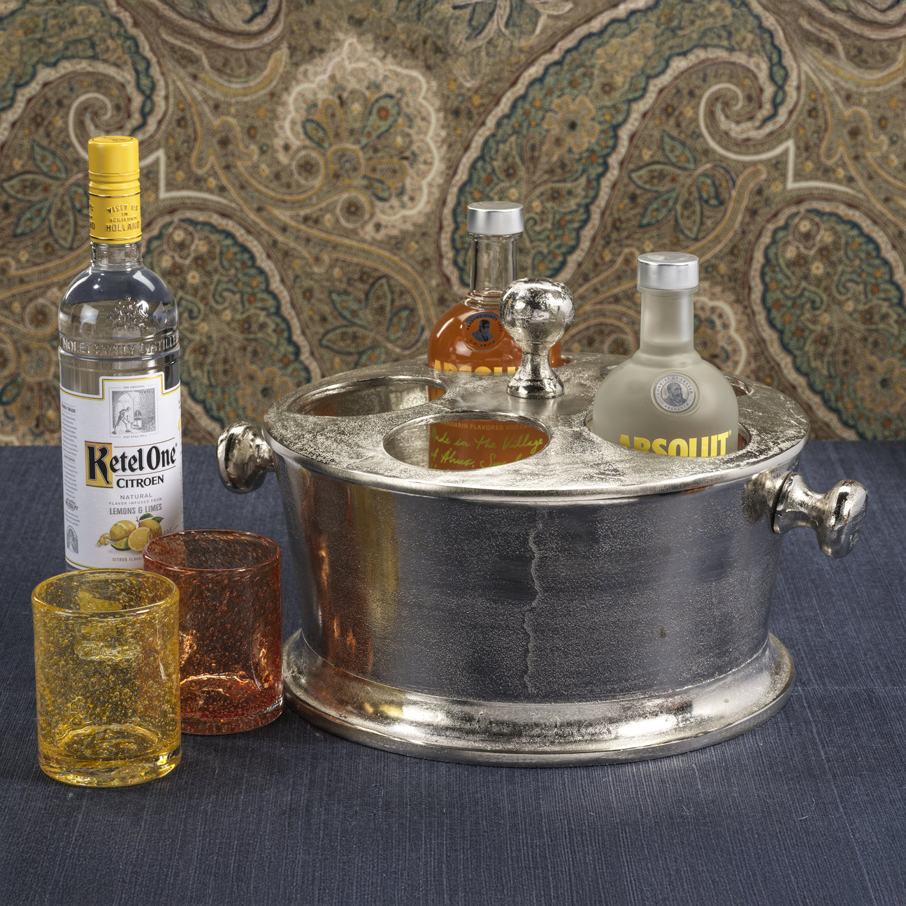 Glassware and serving pieces arranged for entertaining